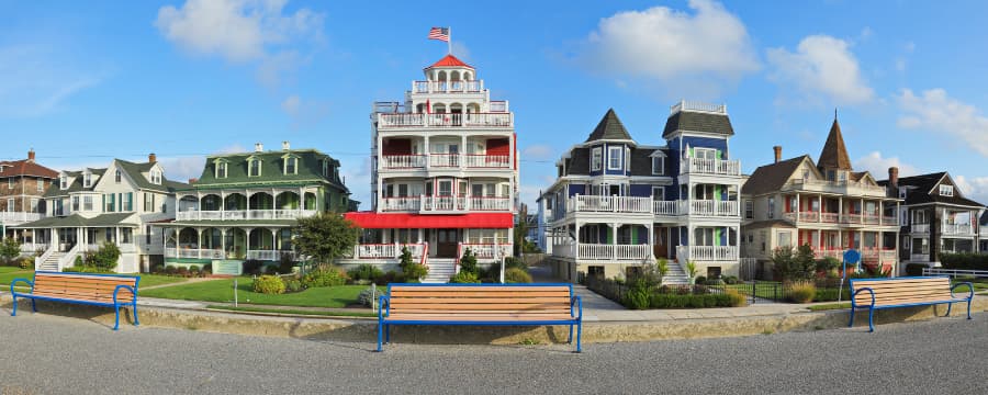 Buildings with Victorian architecture along the promenade in the historic district of Cape May