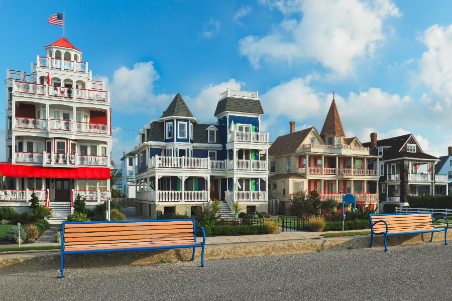 Victorian homes and benches at Cape May Promenade